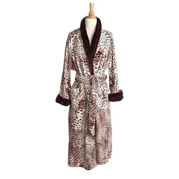 NATORI Animal Print Snow Leopard Plush Long Wrap Robe Loungewear Neutral Size XL - Picture 16 of 16